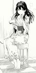  bangs barefoot blush closed_mouth commentary_request drying drying_hair greyscale hair_dryer hands_up highres hiwatari_rin indoors japanese_clothes kimono legs_together long_hair looking_at_viewer monochrome obi original sash sitting smile solo stool yukata 