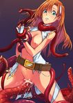  1girl brown_hair character_request cum feather green_eyes kneeling oauioau penetration pussy restrained tentacle tentacle_sex vaginal 