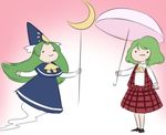  :| blue_capelet blue_dress blue_hat capelet closed_mouth commentary dress expressionless green_hair hat kazami_yuuka long_hair mefomefo mima moon_stick multiple_girls parasol smile touhou touhou_(pc-98) umbrella 
