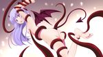  alternate_hairstyle ass barefoot blush breasts demon_girl demon_horns demon_tail demon_wings fang feet gradient gradient_background hair_down highres horns long_hair looking_at_viewer new_game! nipples nude open_mouth purple_eyes purple_hair small_breasts soles solo suzukaze_aoba tail takefumi tentacles wings 