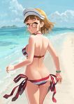 ass bare_arms bare_shoulders beach bikini bracelet breasts brown_eyes brown_hair butt_crack cloud cosplay day fate/extra fate/extra_ccc fate/grand_order fate_(series) glasses halterneck highres island jewelry kantai_collection large_breasts looking_at_viewer looking_back nero_claudius_(fate)_(all) nero_claudius_(swimsuit_caster)_(fate) nero_claudius_(swimsuit_caster)_(fate)_(cosplay) ocean pince-nez roma_(kantai_collection) side-tie_bikini solo standing striped striped_bikini swimsuit tantaka trait_connection underboob 