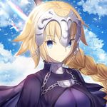  bad_id bad_pixiv_id blonde_hair blue_eyes braid breasts breasts_apart cloud cloudy_sky day eyebrows_visible_through_hair fate/apocrypha fate_(series) highres jeanne_d'arc_(fate) jeanne_d'arc_(fate)_(all) long_hair looking_at_viewer medium_breasts outdoors parted_lips single_braid sky solo ttaji_(pass35) upper_body 