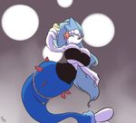  beverage big_breasts blue_hair breasts cleavage clothed clothing eyes_closed glass hair huge_breasts immortalstar jewelry nintendo pink_nose pok&eacute;mon primarina smile solo under_boob video_games wide_hips 