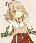  artist_name blush brown_eyes clenched_hands closed_mouth collarbone commentary cowboy_shot eyebrows_visible_through_hair hachimaki hair_between_eyes headband high_ponytail ina_(1813576) japanese_clothes kantai_collection light_brown_hair long_hair long_sleeves looking_at_viewer one_eye_closed shorts simple_background smile solo wide_sleeves zuihou_(kantai_collection) 