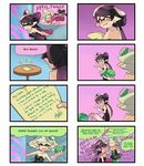  2girls 4koma angry aori_(splatoon) april_fools arms_behind_back black_dress black_hair black_jumpsuit blush burst_bomb_(splatoon) character_name comic commentary cousins crying crying_with_eyes_open detached_collar domino_mask dress earrings english faceless faceless_female fangs food food_on_head fume green_legwear grey_hair grimace grin holding holding_weapon hotaru_(splatoon) jewelry leaning_forward long_hair looking_at_another looking_at_viewer looking_back mask mole mole_under_eye multiple_girls note object_on_head peeking_out pointy_ears purple_legwear short_dress short_hair short_jumpsuit sitting smile splatoon_(series) splattershot_jr_(splatoon) standing strapless strapless_dress sushi table tears tentacle_hair trembling weapon wong_ying_chee 