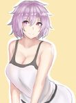  bare_shoulders blush breasts cleavage closed_mouth collarbone commentary dress hair_between_eyes highres kuuki_(rakam) large_breasts leaning_forward looking_at_viewer original purple_eyes purple_hair short_hair smile solo upper_body white_dress 