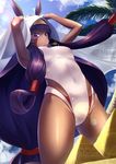  ass_visible_through_thighs cloud competition_swimsuit covered_navel dark_skin day earrings facial_mark fate/grand_order fate_(series) from_below hair_tubes highres hoop_earrings jewelry lens_flare long_hair looking_at_viewer looking_down low-tied_long_hair medjed nitocris_(fate/grand_order) nitocris_(swimsuit_assassin)_(fate) one-piece_swimsuit outdoors palm_tree purple_eyes purple_hair pyramid sidelocks sky smile solo swimsuit toumin tree veil 