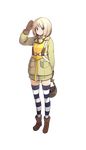  blonde_hair blue_eyes brown_footwear brown_gloves eyebrows_visible_through_hair formation_girls full_body gloves helmet highres holding holding_helmet itou_ryuusei looking_at_viewer marianne_carley salute shoes short_hair solo striped striped_legwear thighhighs transparent_background vest yellow_vest 
