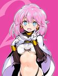  :d blue_eyes breasts cape earrings gloves jewelry looking_at_viewer medium_breasts midriff navel open_mouth pink_hair rance_(series) shunin sill_plain smile solo standing underboob v white_cape white_gloves 