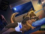 annoyed bed book canine clock colt3n diaper dog duo eyes_closed happy headphones lamp licking lying male male/male mammal moon music night plushie sky snowboard spooning star tongue tongue_out tree window 