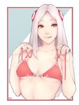  1girl :p bra bra_pull breasts dulapda highres irelia league_of_legends looking_at_viewer medium_breasts navel parted_bangs red_bra red_eyes riot_games solo tongue underboob untied_bra white_hair 