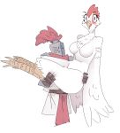  aliasing alpha_channel ambiguous_gender anthro armor avian beak big_breasts bird breasts bridal_carry carrying chicken clothing digitigrade duo eyelashes feathers featureless_breasts female gloves helmet jam_(artist) knight neck_tuft non-mammal_breasts scales tuft white_feathers wide_eyed wide_hips winged_arms wings 
