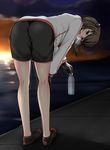  ass bad_id bad_pixiv_id bent_over black_footwear black_shorts blush bottle breath brown_eyes brown_hair cloud eyebrows_visible_through_hair from_behind from_side gloves hand_on_own_knee highres holding holding_bottle jacket kantai_collection kneepits looking_at_viewer looking_back open_mouth outdoors shoes shorts sky solo standing sun sunrise sweat taihou_(kantai_collection) water water_bottle white_jacket z5987 