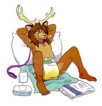  anthro antlers cervidanti cervine collar countershading deer diaper feces hands_behind_head horn leash low_res male mammal messy_diaper partial scat simple_background urine wet_diaper 