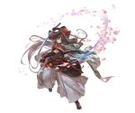  blue_eyes brown_hair cape cherry_blossoms earrings full_body granblue_fantasy hakama izumi-no-kami_kanesada japanese_clothes jewelry katana katsugeki/touken_ranbu kimono long_hair looking_at_viewer male_focus minaba_hideo official_art petals smile solo sword touken_ranbu transparent_background uchigatana very_long_hair weapon 