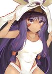  absurdres collarbone covered_navel dark_skin earrings facial_mark fate/grand_order fate_(series) groin highres hoop_earrings jewelry long_hair looking_at_viewer nitocris_(fate/grand_order) nitocris_(swimsuit_assassin)_(fate) one-piece_swimsuit purple_eyes purple_hair smile swimsuit white_background wht_innov 