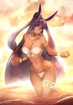  armband bikini bracelet cameltoe cloud dark_skin earrings facial_mark fate/grand_order fate_(series) head_tilt highres hoop_earrings jewelry leaning_forward long_hair looking_at_viewer nitocris_(fate/grand_order) nitocris_(swimsuit_assassin)_(fate) outdoors partially_submerged selarz smile solo swimsuit thigh_strap tiara wading walking white_swimsuit wide_hips 