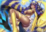  armband ass boots cloud dark_skin day earrings egyptian_clothes facial_mark fate/grand_order fate_(series) flying headband hoop_earrings jewelry long_hair looking_at_viewer masatoki nitocris_(fate/grand_order) nitocris_(swimsuit_assassin)_(fate) pillar purple_eyes pyramid scarab sky smile thigh_strap very_long_hair 