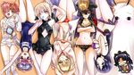  artoria_pendragon_(all) artoria_pendragon_(swimsuit_rider_alter) bandages bikini black_hair blonde_hair blue_eyes breasts bucket casual_one-piece_swimsuit cleavage_cutout commentary_request cosplay fate/grand_order fate_(series) frankenstein's_monster_(fate) frankenstein's_monster_(swimsuit_saber)_(fate) goggles goggles_on_head green_eyes hair_over_one_eye helena_blavatsky_(fate/grand_order) helena_blavatsky_(swimsuit_archer)_(fate) highres ice ishtar_(fate/grand_order) ishtar_(swimsuit_rider)_(fate) large_breasts long_hair looking_at_viewer medium_breasts medjed medjed_(cosplay) minamoto_no_raikou_(fate/grand_order) minamoto_no_raikou_(swimsuit_lancer)_(fate) multiple_girls nero_claudius_(fate)_(all) nero_claudius_(swimsuit_caster)_(fate) nitocris_(fate/grand_order) nitocris_(swimsuit_assassin)_(fate) oda_nobunaga_(fate) oda_nobunaga_(swimsuit_berserker)_(fate) one-piece_swimsuit one_eye_closed orange_eyes pink_hair purple_eyes purple_hair red_eyes saber_alter school_swimsuit senomoto_hisashi short_hair small_breasts swimsuit 