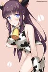  animal_print bangs banned_artist black_hair blue_eyes blunt_bangs blush cow_girl cow_horns cow_print horns leaning_forward leotard long_hair looking_at_viewer new_game! sidelocks solo takimoto_hifumi tasora twitter_username 