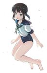  barefoot fubuki_(kantai_collection) green_eyes jpeg_artifacts kantai_collection looking_at_viewer low_ponytail new_school_swimsuit one-piece_swimsuit open_mouth school_swimsuit school_uniform serafuku sketch solo swimsuit swimsuit_under_clothes weee_(raemz) 