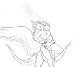  anthro bulge cerezo clothed clothing dragon duo feathered_wings feathers horn male male/male scalie simple_background smile white_background wings 