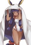  absurdres dark_skin earrings facial_mark fate/grand_order fate_(series) highres hoop_earrings jewelry long_hair looking_at_viewer low-tied_long_hair minatototon1020 nitocris_(fate/grand_order) nitocris_(swimsuit_assassin)_(fate) one-piece_swimsuit purple_eyes purple_hair smile swimsuit very_long_hair white_background 