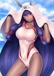  cloud contrapposto covered_navel dark_skin day facial_mark fate/grand_order fate_(series) hair_tubes highres jewelry long_hair looking_at_viewer masatoki necklace nitocris_(fate/grand_order) nitocris_(swimsuit_assassin)_(fate) one-piece_swimsuit outdoors purple_eyes sky standing swimsuit wristband 