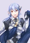 blue_skirt butterfly_hair_ornament cape elbow_gloves feesh female_my_unit_(fire_emblem_if) fire_emblem fire_emblem_if flower gloves grey_background hair_ornament long_hair looking_at_viewer my_unit_(fire_emblem_if) pointy_ears red_eyes simple_background skirt smile solo 