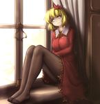  aki_shizuha blonde_hair bored breasts brown_legwear commentary curtains day depressed eyeliner feet frown hair_ornament hater_(hatater) head_tilt highres indoors knees_up leaf leaf_hair_ornament leaf_on_head legs legs_together long_sleeves looking_away looking_out_window looking_to_the_side makeup maple_leaf medium_breasts no_shoes pantyhose red_shirt red_skirt shirt short_hair sitting sitting_in_window skirt skirt_set solo touhou window windowsill wing_collar yellow_eyes 
