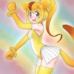  animal_ears circlet commentary_request dancing elbow_gloves gloves golden_snub-nosed_monkey_(kemono_friends) johnny_bravo_(series) kemono_friends leotard long_hair looking_at_viewer monkey_ears monkey_tail multicolored_hair object_namesake overman_king_gainer ponytail pun skirt solo t_jiroo_(ringofriend) tail the_monkey thighhighs 