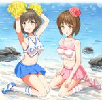  :d :o akiyama_yukari anglerfish arm_up armpits bare_arms bare_shoulders beach blue_footwear blue_skirt body_blush brown_eyes brown_hair cheerleader commentary_request copyright_name crop_top cross-laced_footwear day double_horizontal_stripe fading flower full_body girls_und_panzer hair_flower hair_ornament highres holding_pom_poms kneehighs kneeling light_particles looking_at_viewer matching_outfit midriff miniskirt multiple_girls navel nishizumi_miho ocean open_mouth outdoors partially_submerged pink_flower pink_footwear pink_rose pink_skirt pleated_skirt pom_pom_(clothes) pom_poms red_skirt ripples rose shoes skirt sleeveless smile sneakers sparkle stomach striped striped_legwear water white_legwear yuru_melon 