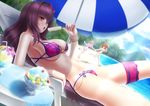  beach beach_umbrella bracelet day dutch_angle fate/grand_order fate_(series) food forest fujimaru_ritsuka_(female) jewelry looking_to_the_side masatoki mash_kyrielight multiple_girls nature popsicle purple_eyes purple_hair scathach_(fate)_(all) scathach_(swimsuit_assassin)_(fate) shaved_ice skindentation swimsuit swimsuit_of_perpetual_summer tongue tongue_out tray umbrella 