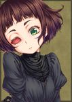  bangs black_dress blunt_bangs border broiler brown_hair closed_mouth commentary dress eye_socket green_background green_eyes head_tilt highres long_sleeves looking_at_viewer one-eyed original puffy_long_sleeves puffy_sleeves short_hair solo thick_eyebrows upper_body 