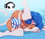  2017 absurd_res ambiguous_gender animal_humanoid blue_eyes blue_hair boo_(mario) breasts bulge cat_humanoid clothing darkstalkers dickgirl duo felicia_(darkstalkers) feline ghost hair headphones hi_res humanoid intersex long_hair mammal mario_bros nintendo one_eye_closed panties penis_outline spirit spread_legs spreading sssonic2 striped_panties underwear video_games 