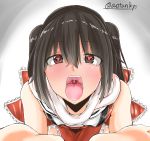  1girl aotankyo artist_name black_hair eyebrows_visible_through_hair heart heart-shaped_pupils kantai_collection long_hair looking_at_viewer open_mouth red_eyes sendai_(kantai_collection) solo symbol-shaped_pupils teeth tied_hair tongue tongue_out twintails upper_body uvula 