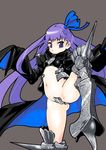  armor armored_boots blue_eyes boots breasts commentary_request crotch_plate fate/extra fate/extra_ccc fate_(series) hair_ribbon leg_lift leg_up long_hair long_sleeves looking_at_viewer maebari meltlilith mersoleil03 navel purple_hair revealing_clothes ribbon small_breasts solo standing standing_on_one_leg very_long_hair 