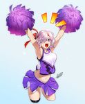  armpits azusa_(hws) blue_background breasts cheerleader collarbone fate/grand_order fate_(series) glasses hair_over_one_eye headband large_breasts looking_at_viewer mash_kyrielight muscle_cavalier_(fate/grand_order) navel open_mouth pink_hair pom_poms purple_eyes purple_hair ribbon short_hair signature simple_background skirt solo sweatdrop teeth 