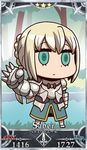  april_fools armor bedivere blonde_hair braid chibi clenched_hand fate/grand_order fate_(series) french_braid full_body gauntlets grass green_eyes highres lake male_focus official_art riyo_(lyomsnpmp) servant_card_(fate/grand_order) solo spiked_knuckles spikes standing tree 