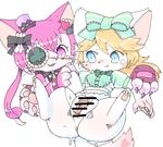  2girls artist_request blonde_hair cat cat_busters censored furry grin hair_ribbon long_hair multiple_girls pink_hair pussy smile 