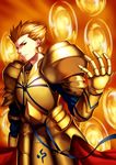  absurdres amor blonde_hair blue_ribbon earrings fate/stay_night fate_(series) gate_of_babylon gilgamesh highres jewelry looking_at_viewer male_focus nekosama_shugyouchuu parted_lips red_eyes ribbon shoulder_armor solo spaulders standing 