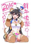  2016 ahoge animal_ears bangs bell black_hair black_legwear blush breasts brown_eyes cellphone cleavage cleavage_cutout commentary_request dot_nose fur_trim hair_between_eyes happy_new_year hat hayashi_(l8poushou) holding holding_phone large_breasts long_hair looking_at_viewer monkey_ears monkey_girl monkey_tail new_year open_mouth orange_panties panties paws phone seiza sitting skindentation smartphone solo tail thighhighs top_hat underwear very_long_hair w white_background white_hat 