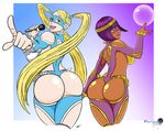  2girls aqua_eyes ass back back_opening bare_shoulders blonde_hair blue_eyes breasts capcom circlet cosplay crystal_ball dark_skin domino_mask from_behind huge_ass large_breasts leotard long_hair looking_at_viewer looking_back mask menat multiple_girls noriyukiworks83 open_mouth purple_hair rainbow_mika rainbow_mika_(cosplay) shiny shiny_hair shiny_skin short_hair sideboob smile street_fighter street_fighter_v thong thong_leotard twintails very_long_hair 