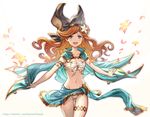  :d aqua_cape arm_garter black_hairband blue_eyes cape eustace-flamek flower granblue_fantasy hair_flower hair_ornament hairband highres leg_garter long_hair looking_at_viewer midriff navel open_mouth orange_hair outstretched_arms panties petals sara_(granblue_fantasy) smile solo standing underwear watermark web_address white_panties 