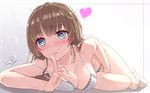  bangs bare_legs barefoot between_legs blue_eyes blush bra breasts brown_hair collarbone dotted_line eyebrows_visible_through_hair finger_to_mouth hand_between_legs heart heart-shaped_pupils highres index_finger_raised large_breasts lips long_hair looking_at_viewer lying nose_blush on_stomach original panties parted_lips shushing signature solo symbol-shaped_pupils thighs underwear underwear_only wet.elephant white_bra white_panties 