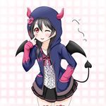  ;p black_hair black_skirt blue_jacket blush bow bowtie collarbone copyright_name cowboy_shot demon_tail demon_wings eyebrows_visible_through_hair hair_between_eyes hand_in_pocket hood hooded_jacket horns jacket long_hair looking_at_viewer love_live! love_live!_school_idol_festival love_live!_school_idol_project miniskirt one_eye_closed pink_legwear pleated_skirt red_eyes roaru_(gyuren) shirt skirt solo standing striped striped_bow striped_neckwear tail thighhighs tongue tongue_out white_shirt wings yazawa_nico zettai_ryouiki 
