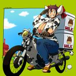  animal_humanoid armor big_breasts bovine breasts brown_hair cattle cleavage clothed clothing cloud cow_humanoid cow_print driving female footwear gloves grin hair hair_ribbon hataraki_ari helmet horn huge_breasts humanoid jacket jeans mammal motorcycle pants ribbons salute sandals short_hair sky smile solo sukimi_(hataraki) teeth vehicle voluptuous yellow_eyes 