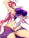  absurdres arm_up armpits breasts covered_nipples gloves gundam gundam_seed highres hips large_breasts long_hair meer_campbell negresco one_eye_closed pink_hair purple_eyes simple_background smile solo thighs very_long_hair white_background white_gloves 