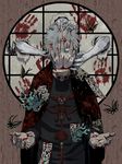  black_shirt blood boku_no_hero_academia bug butterfly charm_(object) covering_face detached_hand grey_hair hand_on_own_face hand_print hands insect japanese_clothes kimono looking_at_viewer male_focus messy_hair nekodou_(yukatin1000) red_eyes shigaraki_tomura shirt solo 