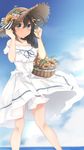  bare_shoulders basket black_hair blue_eyes blue_sky blush braid closed_mouth cloud day dress flower hair_ornament hat highres kantai_collection long_hair looking_at_viewer neko_ame ocean outdoors remodel_(kantai_collection) shigure_(kantai_collection) single_braid sky smile solo standing straw_hat sundress sunflower white_dress 